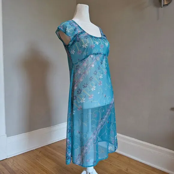 Vintage Y2K Floral Mesh Overlay Mini Dress, Empire Waist, Fairycore, Size 4P - Picture 3 of 8